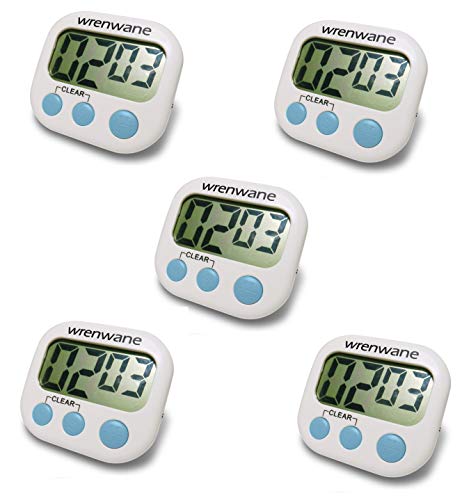 Wrenwane Digital Kitchen Timer (Upgraded), No Frills, Simple Operation, Big Digits, Loud Alarm, Magnetic Backing, Stand, White (Pack of 5)