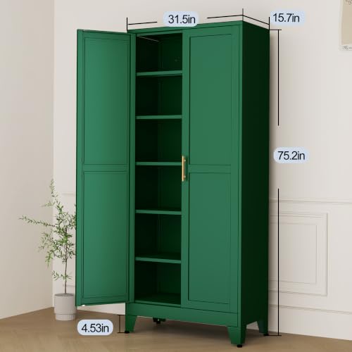 Image of Green Metal Storage Cabinet,75 inch Steel Cabinets for Home Office | Kitchen Pantry Storage Cabinet with Doors and 5 Adjustable Shelves, Tool Cabinets, for Office, Home, Garage, School