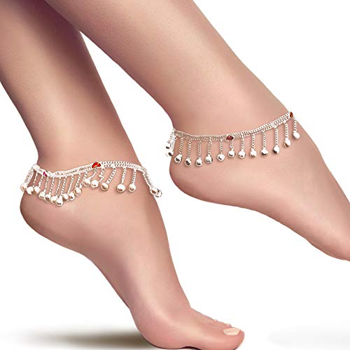 Image of Duel On Jewel Silver Plated Anklet for Women, Traditional Payal Pair with Chain Link Design and Ghungroo Bell Detail, 10 Inch Comfort Fit Foot Accessory, Ethnic Everyday Wear, Wedding Gift