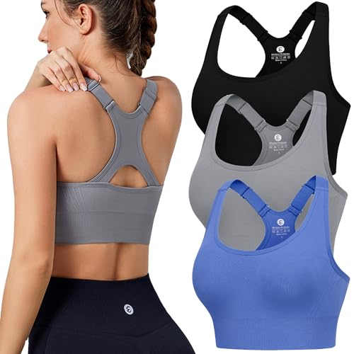 Evercute Adjustable Sports Bras for Women 3/4 Pack Racerback High Support Bras Padded Workout Bras Seamless Yoga Athletic Bra