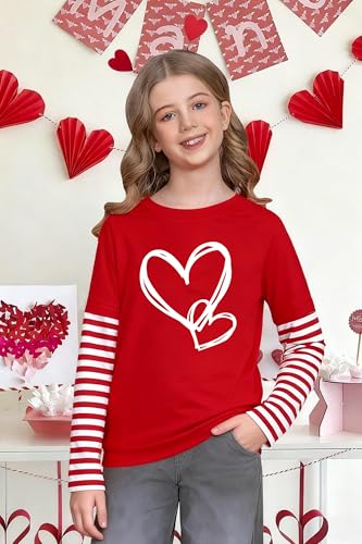 Image of LAZYCHILD Kids Valentine Shirt Girls Valentines Day Shirts Heart Graphic Long Sleeve Striped Tee Tops 5-14 Years