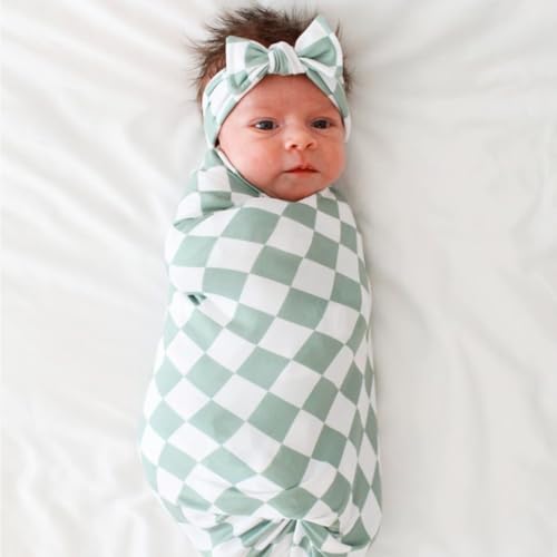 Image of Little Jump newborn swaddle set with Matching Hat and Bow Set, Wooden Birth Announcement Card, Soft Stretchy swaddle blankets announcement outfit for baby girl or boy. (Green Checkered), Coffee