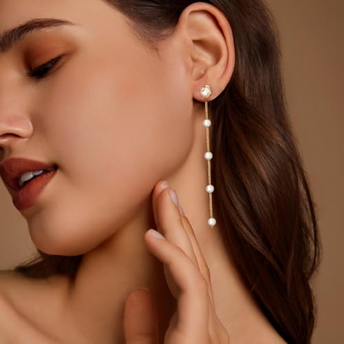 Zeffy Pearl Earrings for Women 14k Gold/Silver Pearl Drop Earrings Long White Pearl Tassel Dangle Statement Earrings Bridal Wedding Dainty Prom Earrings Birthday Gifts Jewelry3