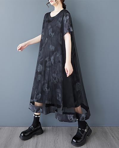 ellazhu Women's Dress Crewneck Short Sleeve Floral Printing Tulle Patchwork Flowy Hem GZ5132