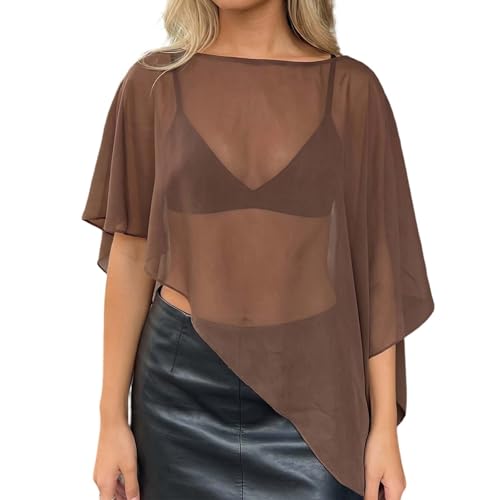 Nlacehan Womens Casual Sheer Chiffon Poncho Top Boat Neck Asymmetrical See Through Cover Up Beach Vacation Summer Y2k Outfit (Brown S)