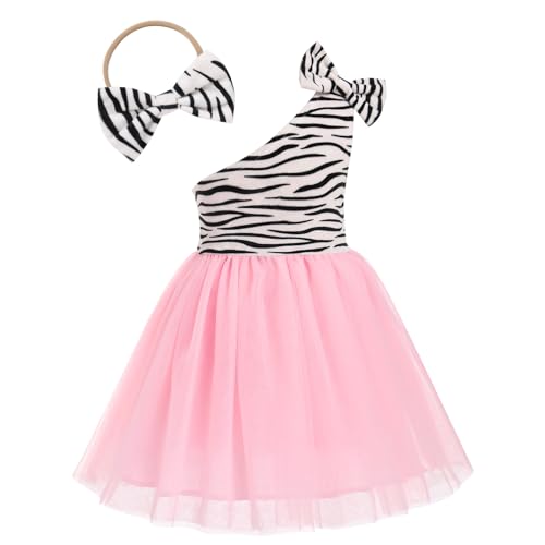 Image of Toddler Girls Jungle Themed Cosplay Dress Animal One Shoulder Tutu Dress Halloween Birthday Party Outfit +Bow Headband