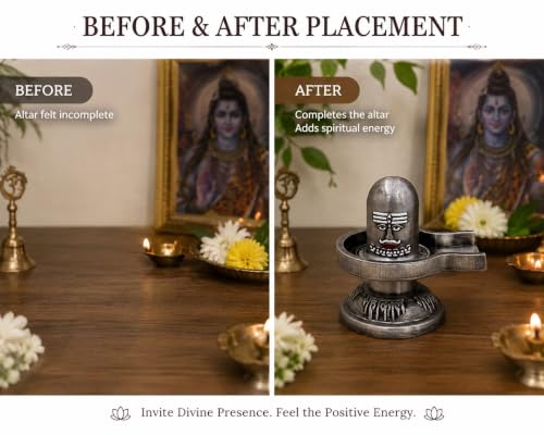 Image of Metal Shivling for Home Puja | Antique Brass Finish Shiv Ling Murti | Mahakal Shivling Idol for Temple, Office Desk & Meditation | Shiva Lingam Spiritual Gift (Silver Metal Shivling)