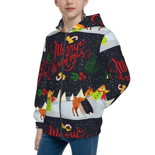 Merry Christmas Elk Kids Pullover Hoodies Boys Zip Up Sweatshirts Girls Athletic Clothes with Pocket
