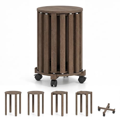 COSTWAY Lot de 4 Tabourets Empilables en Bois d'Hévéa avec roulettes, Préassemblé à 95%, Tabourets de Bar Ronds, 2 Tailles de Sièges, Patins Antidérapants, pour...
