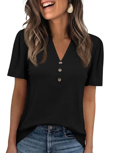 Cicy Bell Damen Tshirt V Ausschnitt Mit Knöpfe Oberteile Elegant Henley Shirt Top Blusen.Schwarz XL
