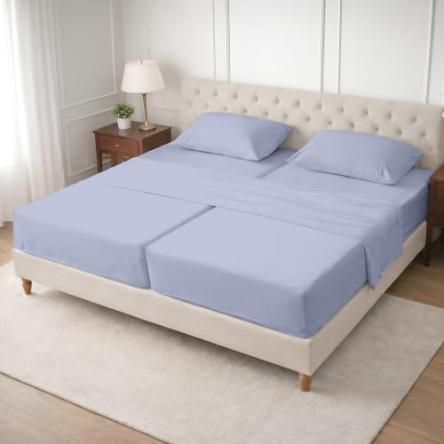Image of SGI Split King Sheet Set for Adjustable Bed Egyptian Premium Cotton 600 Thread Count Sheets for Sleep Number Bed 15 inch Deep Pocket 5 Pc Set with 2 Twin XL Fitted Sheets Soft Breathable - Cornflower Blue