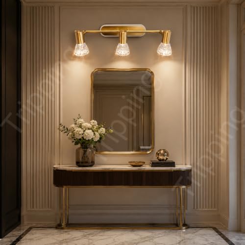 Image of TRIPPING 12W 3-in-1 LED Wall Lamp with 3 Adjustable Heads, Gold Metal Body and Crystal Shades, Warm White, Natural White & White Focus Light for Dressing Table, Mirror and Accent Walls, 50 x 15 x 7 cm