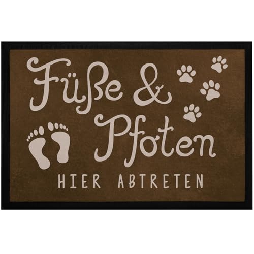 MoonWorks® Fußmatte Füße und Pfoten Hier abtreten Spruch lustig Hund Katze Haustier-Besitzer rutschfest & waschbar Schwarz 60x40cm