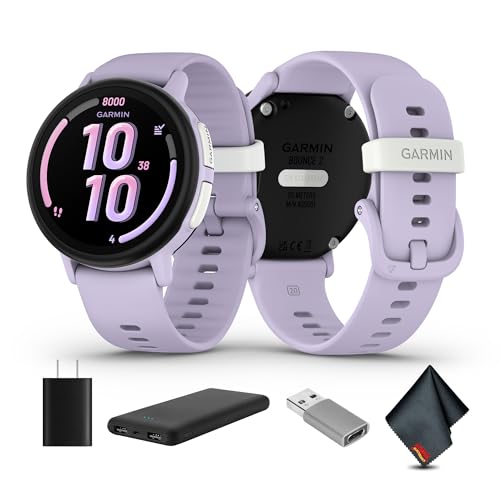 Garmin Bounce 2, Kids Smartwatch with Calling, Messaging and Location Tracking Features, Light Purple Bundle with USB Wall Charger + More