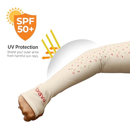 Image of TVARRA Anti-Tan Fingerless Arm Sleeves for Women|UV Protection Hand Cover Sleeves for Bike Riding, Running & Outdoor Use,Dust & Summer Protection Arm Sleeves for Girls (Petals Design)