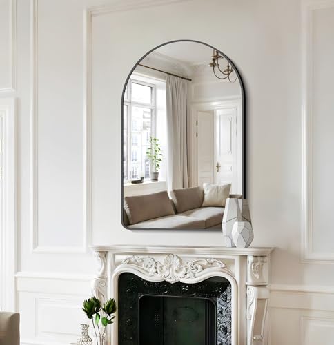 Image of FORBATH Arched Bathroom Mirror 26x38 Inch, Bathroom Mirror Wall Mounted Modern Black Aluminum Alloy Frame Decor Dresser Mirror for Bedroom Living Room Entryway, Hanging or Leaning Against Wall