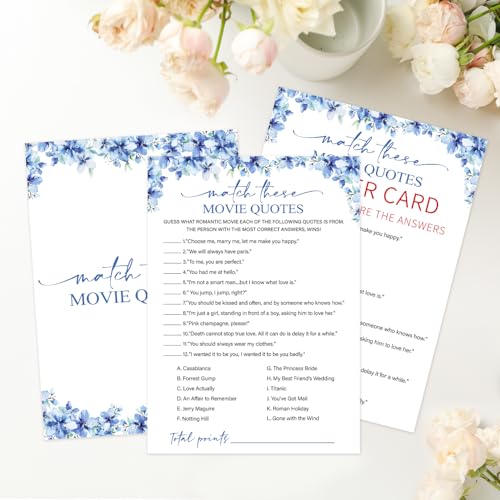 Image of Match These Movie Quotes Bridal Shower Games, 25 Blue Floral Bridal Shower Game Cards & 1 Answer Card, Engagement Party Game for Guests, Wedding Games for Reception, Marriage Party Supplies -15