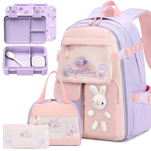 Girls Backpack with Bento Lunch Box Set, Kawaii Bunny School Backpack for Girls with Leak-proof Lunch Containers Lunch Bag Pencil Case for Kindergarten Elementary Preschool School Purple