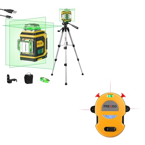 PREXISO Multi Surface Laser Level LED Light Vial, 30Ft Horizontal Vertical Line Laser & PREXISO Laser Level 3 X 360° with Tripod, Rechargeable Cross Line Leveler, Green Line Laser Level Self Leveling