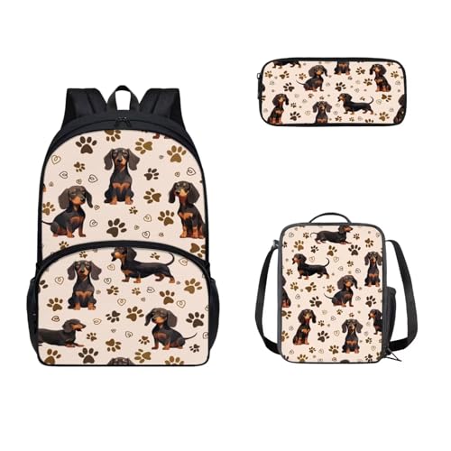 Zaino scolastico da con portapranzo e custodia per matite set per bambini e scuole medie molte tasche Cane bassotto 17 pollici