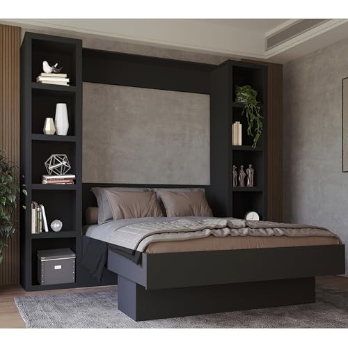 Oakland Living Easy-Lift Queen Murphy Wall Bed in Black with Two Bookshelves