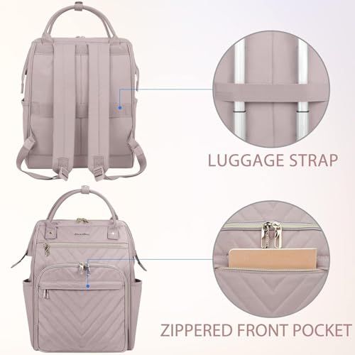 Image of VANKEAN Laptop Backpack for Women Fashion Computer Work Bag, Large Capacity Waterproof Backpack, College Daypack Business Travel, (Quilted Light Dusty Pink, 15.6 Inch)