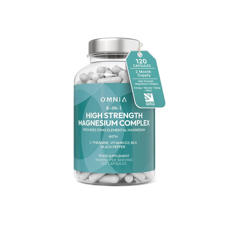 OMNIA High Strength Magnesium Complex 8-in-1 Magnesium Glycinate Citrate Malate & Oxide with L-Theanine Vitamin D3 B6 & Black Pepper -120 Vegan Capsules