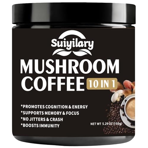 Suiyilary Mushroom Coffee, 10 Mushroom Extract Powder Blend Lion's Mane, Reishi, Chaga, Cordyceps, Turkey Tail, Brain Supplements with Instant Coffee for Energy, Focus, Memory and Immunity 150g