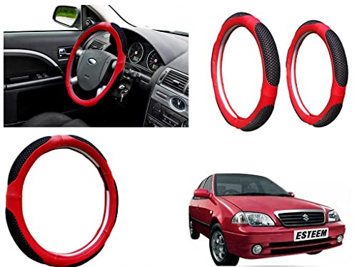 Image of Microfiber Car Steering Wheel Cover, Soft Padding Great Hand Feel, Anti-Slip, Faux Leather Steering Cover for Maruti Suzuki Esteem | Black Red Jali - Pack of 1