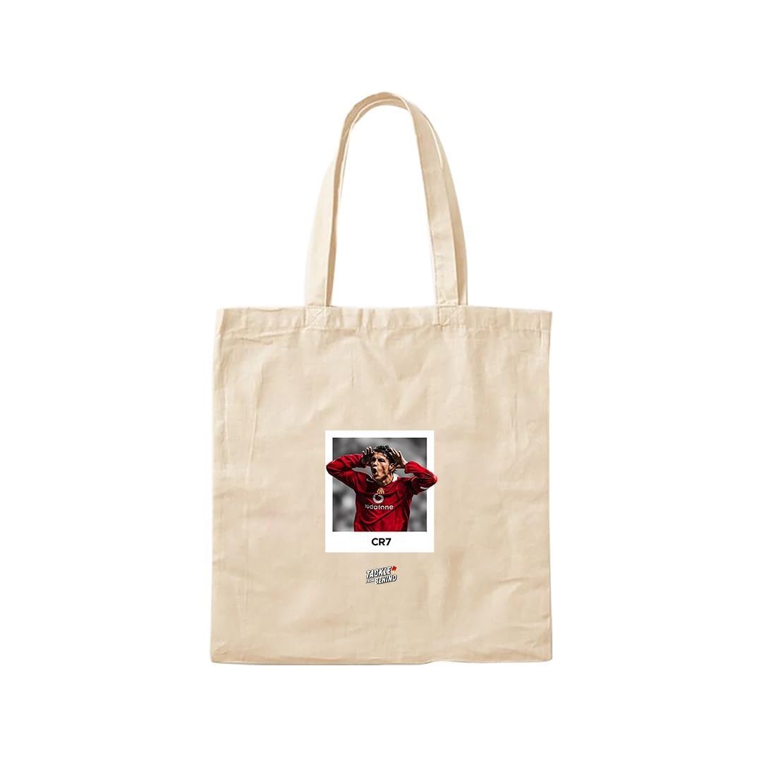 Cristiano Ronaldo Canvas Tote Bag, Man United, One Size, Beige, 14x16 Inches