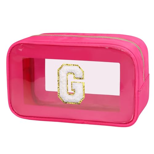 Gloppie Initial Letter Clear Makeup Bag - Preppy Cosmetic Travel Toiletry Chenille Letter Bag Gift for Women