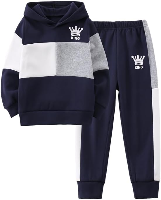 JOLYSHILD Boy's 2 Piece Outfits Long Sleeve Hooded Pullover Colorblock Tops and Sweat Pants Fall Winter Set 3-14Y