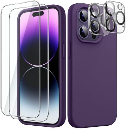 JETech 3 w 1 Silikonowe Etui do iPhone 14 Pro Max 6,7 Cala, z 2 Sztuki Ochraniacz Ekranu i Obiektyw Aparatu Ekran, Folia ze Szkła o Pełnym Pokryciu, Odporna na Wstrząsy Case (Czarny)