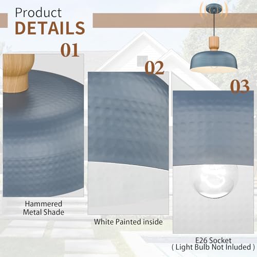 Image of Darkaway Dusk to Dawn Industrial Pendant Light Fixtures Ceiling Hanging with Hammered Metal Shade, 2pcs Blue Pendant Light for Outdoor Porch Lighting Hanging Lamp Adjustable Height
