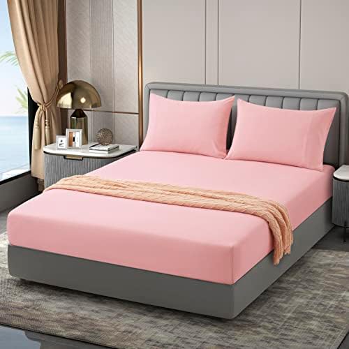 DengChao Full Brushed Microfiber 16 inch Deep Pocket Fitted Sheet Only,Soft Cooling Breathable Wrinkle & Fade Resistant Durable Fitted Sheet,Pink