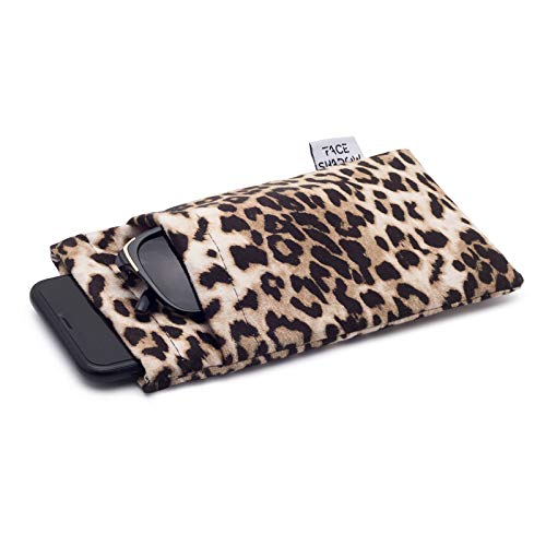 Face Shadow Large Double Eyeglasses Case Squeeze Top Soft Glasses Pouch Microfiber Cell Phone Purse for Women Leopard(XL)