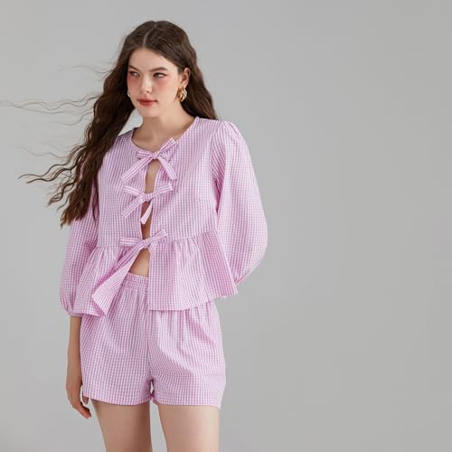 Image of Yuemengxuan Women Y2k Two Piece Plaid Lounge Sets Puff Sleeve Tie front Blouse Top High Waist Shorts Casual Pajamas Sets