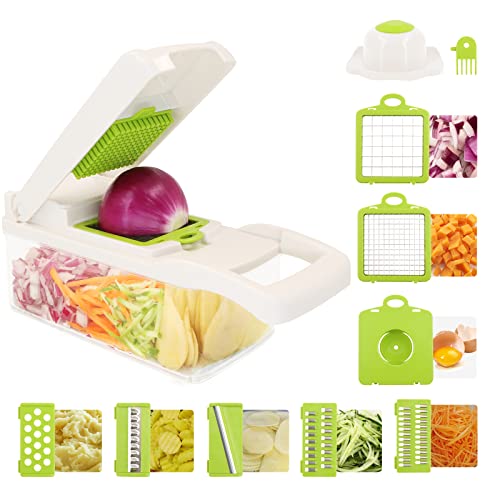 Qlfyuu Gemüseschneider, Multifunktion Mandoline Gemüsehobel 11 in 1 Obstschneider Kartoffelschneider mit Auffangbecken Eiertrenner, BPA-frei, Multischneider für Karotte, Zwiebel Obst Gemüse(Weiß) Cover