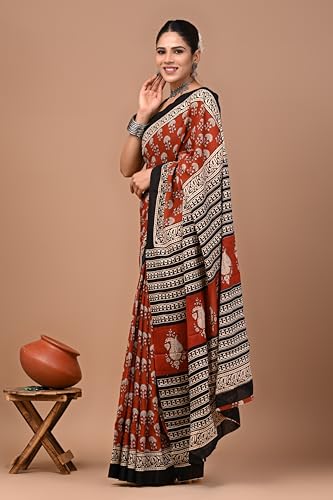 Image of Crafts Moda Pure Cotton Floral Print Saree with Blouse for Women