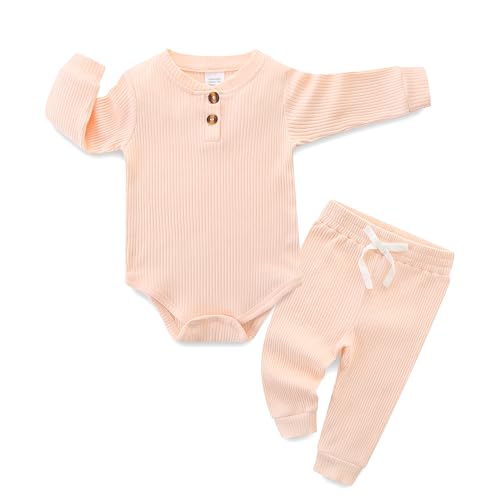 Image of Hikido Newborn Baby Boy Girl Clothes Infant Ribbed Romper Cotton Long Sleeve Pant Sets for 0~18M Infant