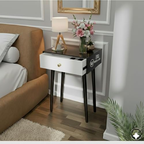 Image of Shoppee Wooden Antique 1- Drawer Wood Side Table Accent End Table for Living Room Solid Wood Leg Classic Bedside Table Nightstand for Bedroom (Black & White)