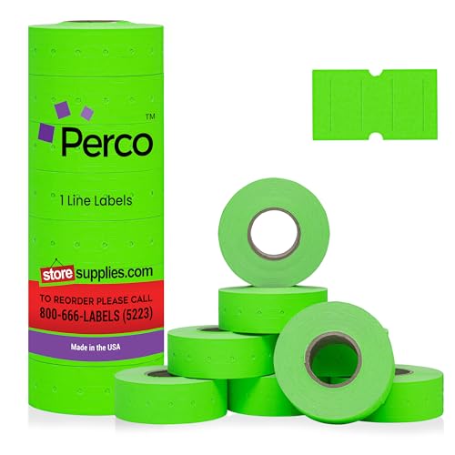 Perco 1 Line Fluorescent Green Labels - 8 Rolls, 1 Sleeve, 8,000 Blank Price and Date Gun Labels for Perco Lite, X, Plus and Pro 1 Line Price and Date Guns - Made in USA