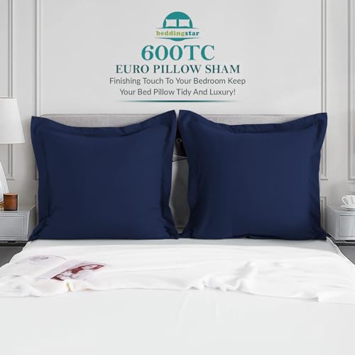 Euro Sham Covers 24x24 Set of 2 Navy Blue 600 Thread Count 100% Egyptian Cotton Pack of 2 Euro 24x24 Pillow Covers Cushion Cover Cases Soft Skin Friendly European Size Decorative Square Pillow Shams - Thumbnail 2