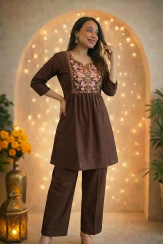 Image of Women's Rayon Embroidered Kurti with Pant Set | Floral Yoke Design | 3 /4 Sleeve Ethnic Co-Ord Set | Regular Fit Traditional Outfit
