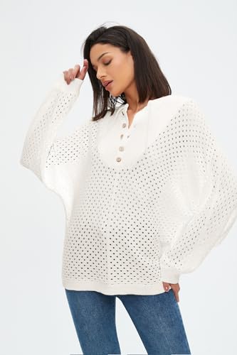 Image of EZAPINE Women's Oversized Crochet Sweater Pullover Drawstring Long Sleeve Button Hollow Out Knit Crochet Top Blouses