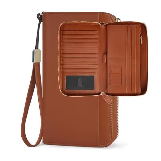 Sunpour Large Capacity Travel Wallet for Women, RFID Blocking Zipper Clutch Wristlet Wallet with AirTag Slot, Fits Phone,Credit Cards & Passport(Brown)