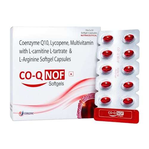 CO-Q NOF Coenzyme Q10 100mg with Selenium 40mcg Softgel Capsules with L-Carnitine, L-Arginine, Lycopene & Multivitamins | Antioxidant for Energy, Fertility, Heart & Cellular Health | 60 Softgels