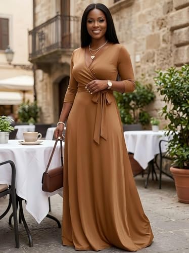 Image of PinkPatty Women's Plus Size Maxi Dresses Casual Flowy 3 /4 Sleeves Dress Printed Vacation Dress for Daily Wear with Belt
