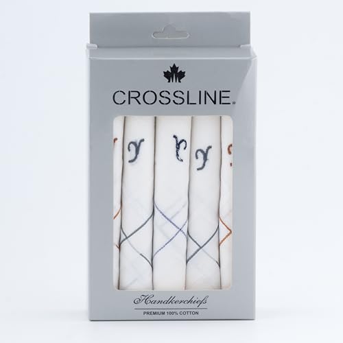 Image of CROSSLINE Men's Initial Monogram (A-Z) Embroidery 100% Pure Cotton Handkerchief | White Base With Colored Border | Handkerchiefs For Men Cotton Soft - (Pack of 5)