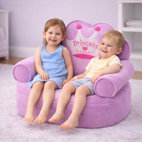 Little Queen Chair for Kids – Plush Princess Sofa Chair with Fiber & Sponge Filling, Foldable Kids Armchair for Playroom, Bedroom & Nursery (Purple)